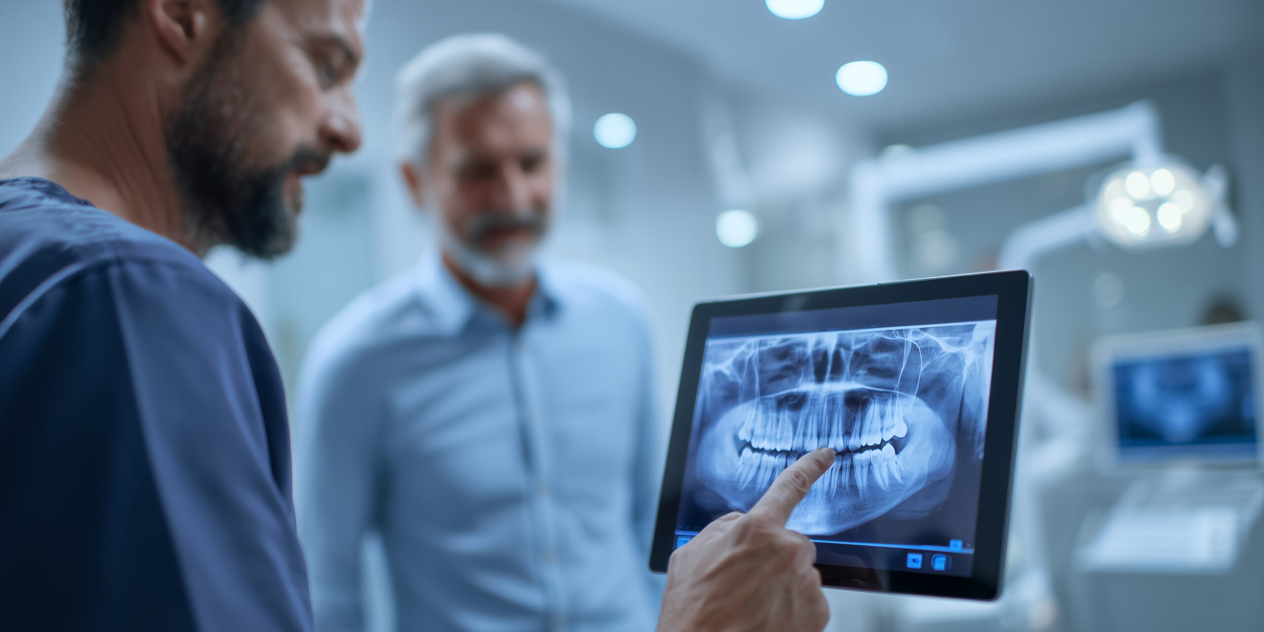 Dentist showing a panoramic dental X-ray to an adult patient during a consultation